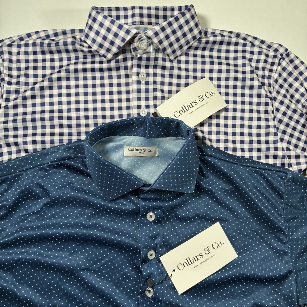 NEW LOT of 2 Collars and Co Dress Polo Shirt Small Blue Geometric Gingham Check
